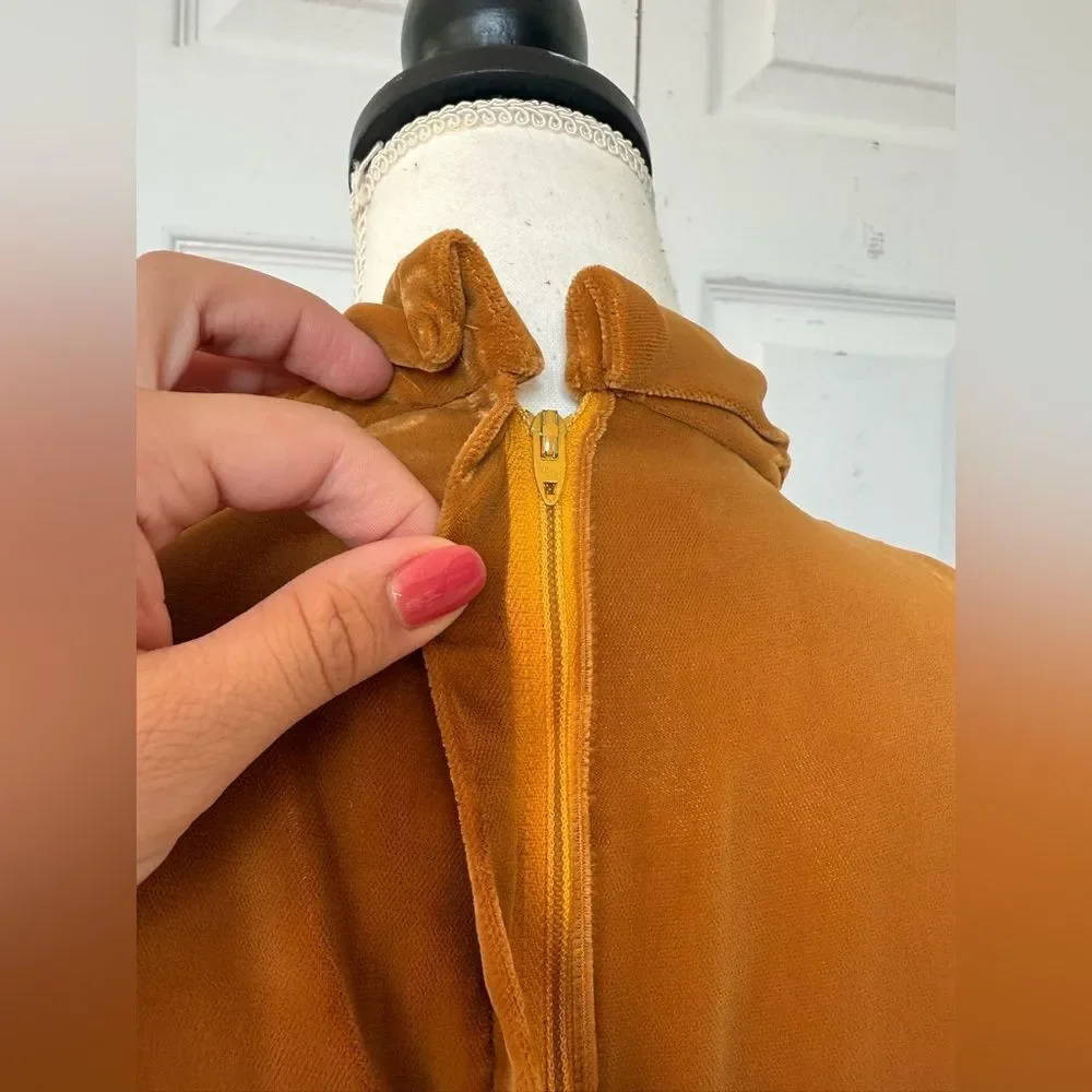 1970s Mustard Colored Rich Velvet High-Collar Dress